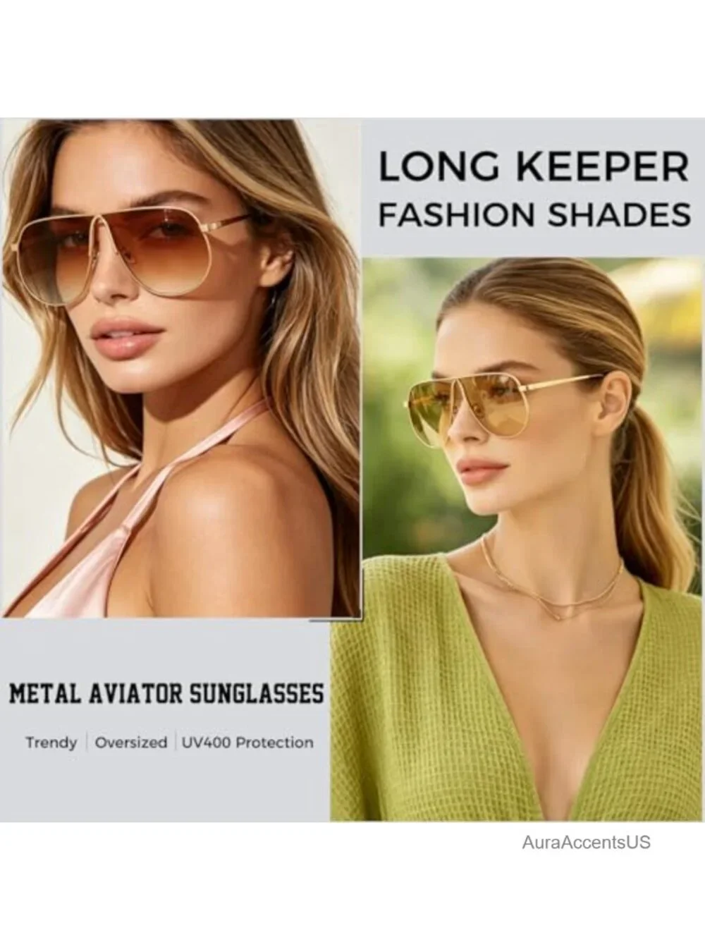 Oversized Aviator Sunglasses Gold Metal UV400 Pilot
